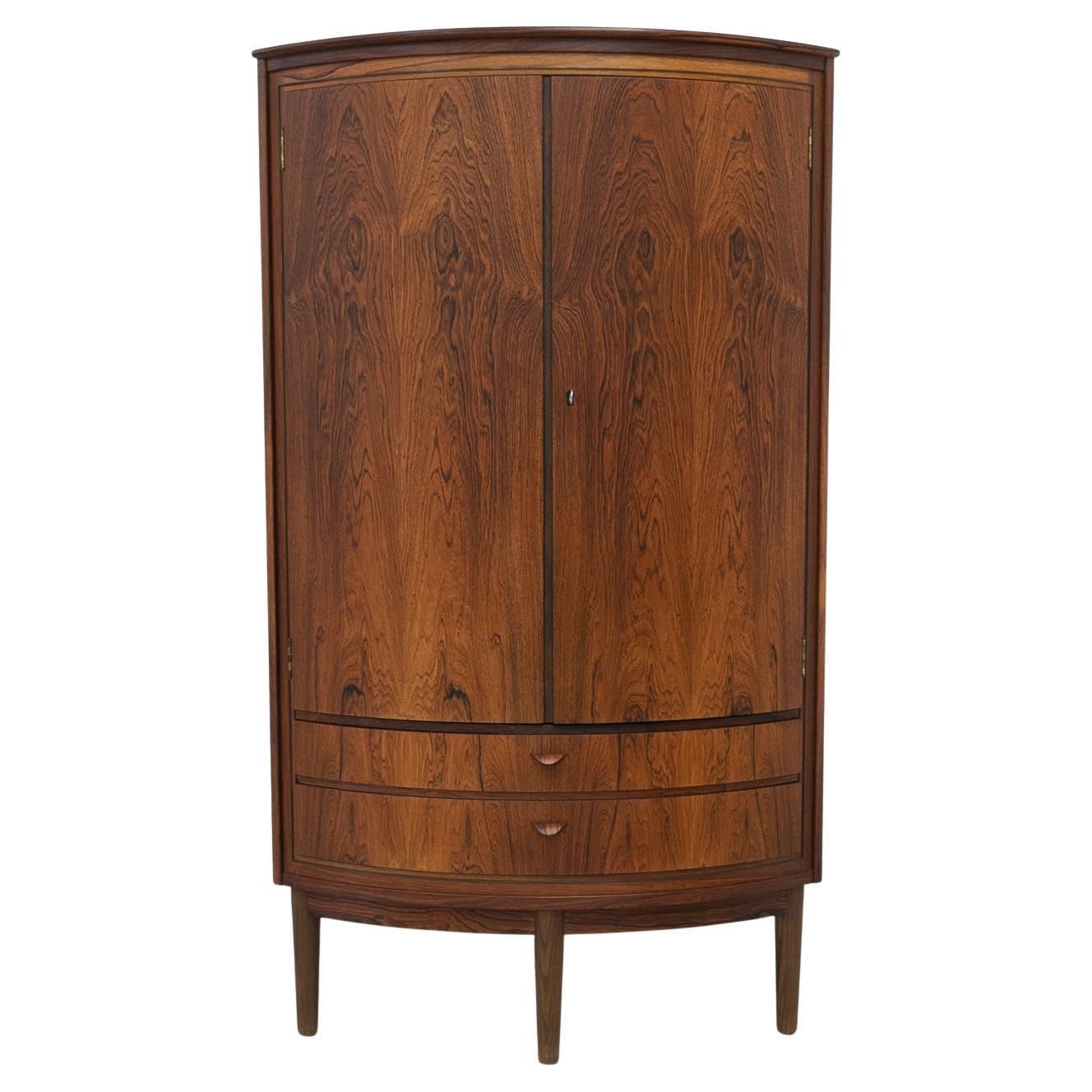 Danish Mid Century Modern Rosewood Bow Front Corner Cabinet, 1950s.