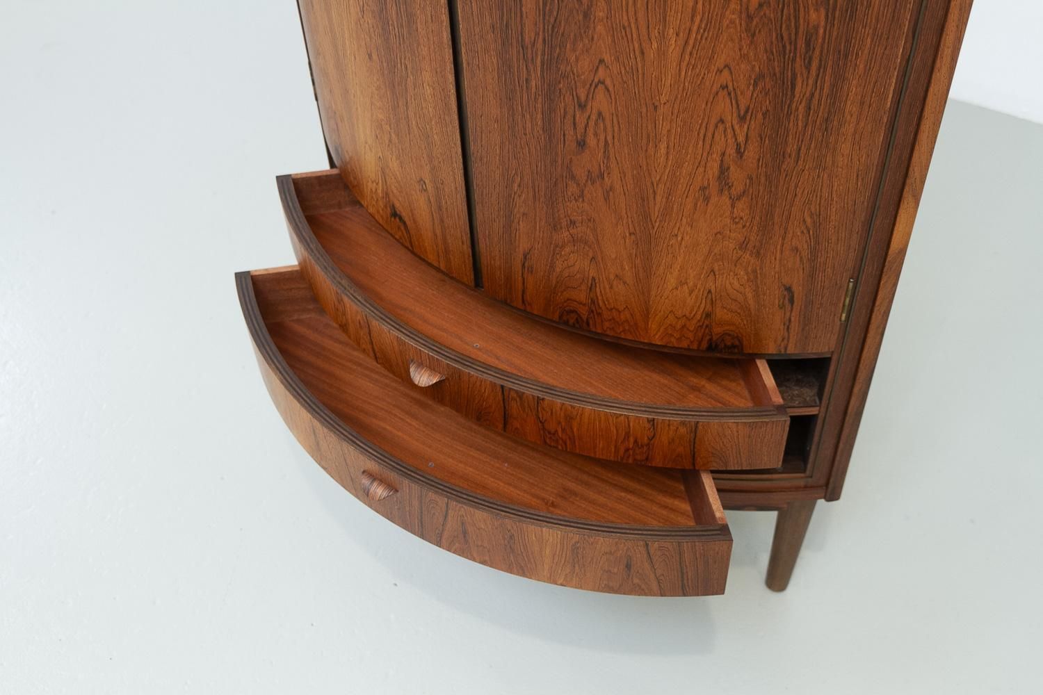 photo furniture Danish Mid Century Modern Rosewood Bow Front Corner Cabinet, 1950s.
