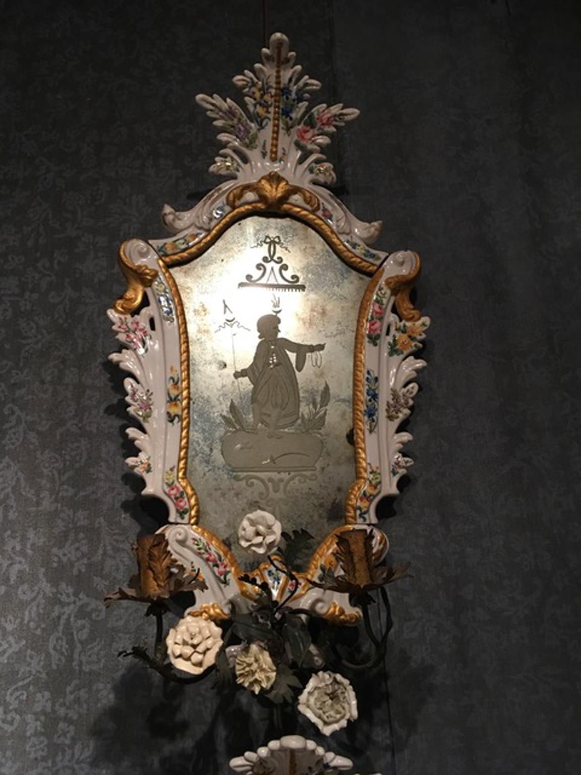 19th Century  Pair Italian White Porcelain Baroque Mirrors With Flowers photo furniture