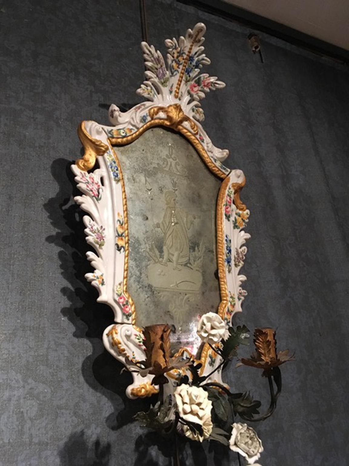 19th Century  Pair Italian White Porcelain Baroque Mirrors With Flowers photo for sale