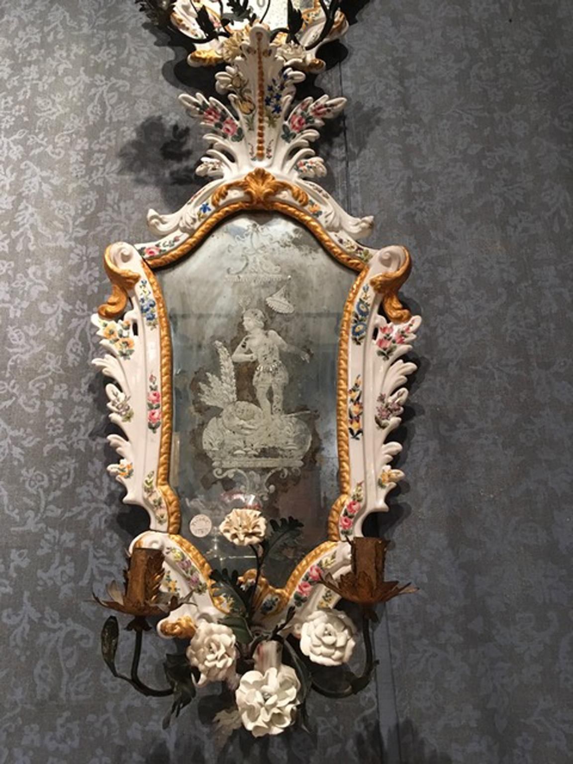 19th Century  Pair Italian White Porcelain Baroque Mirrors With Flowers photo vinterior
