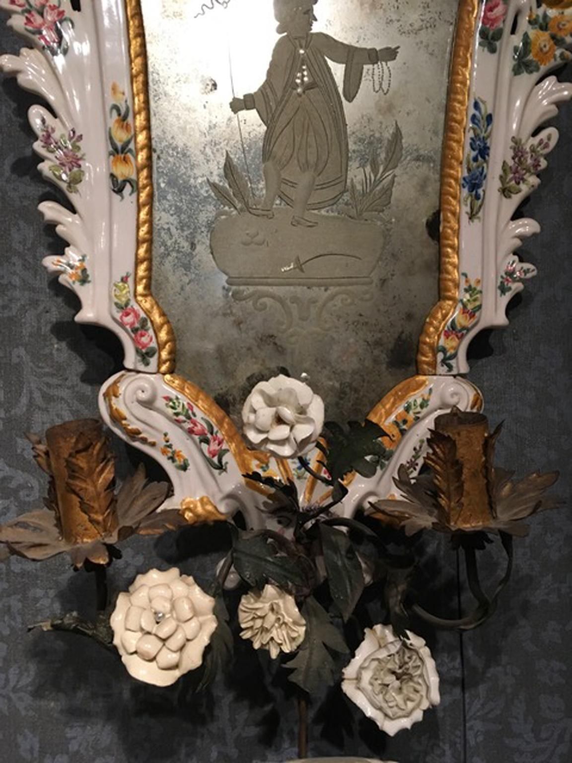 19th Century  Pair Italian White Porcelain Baroque Mirrors With Flowers photo vintage
