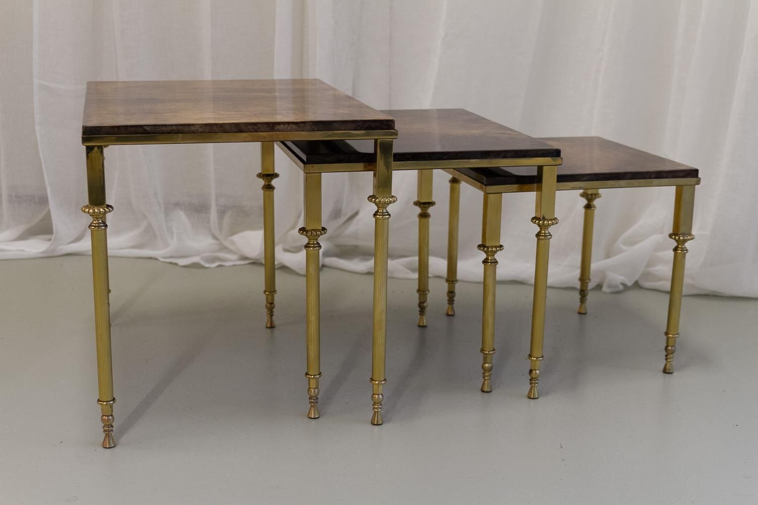 Mid Century Italian Brass And Goatskin Side Tables By Aldo Tura, 1960s. Set Of 3 photo for sale