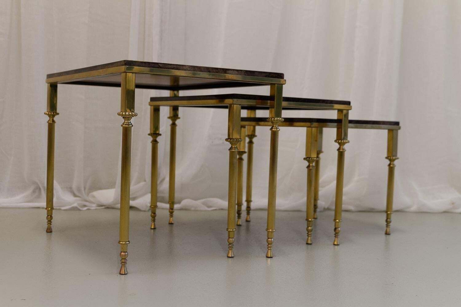 Mid Century Italian Brass And Goatskin Side Tables By Aldo Tura, 1960s. Set Of 3 photo Furniture