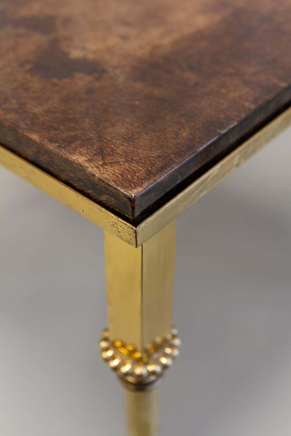 photo for sale Mid Century Italian Brass And Goatskin Side Tables By Aldo Tura, 1960s. Set Of 3