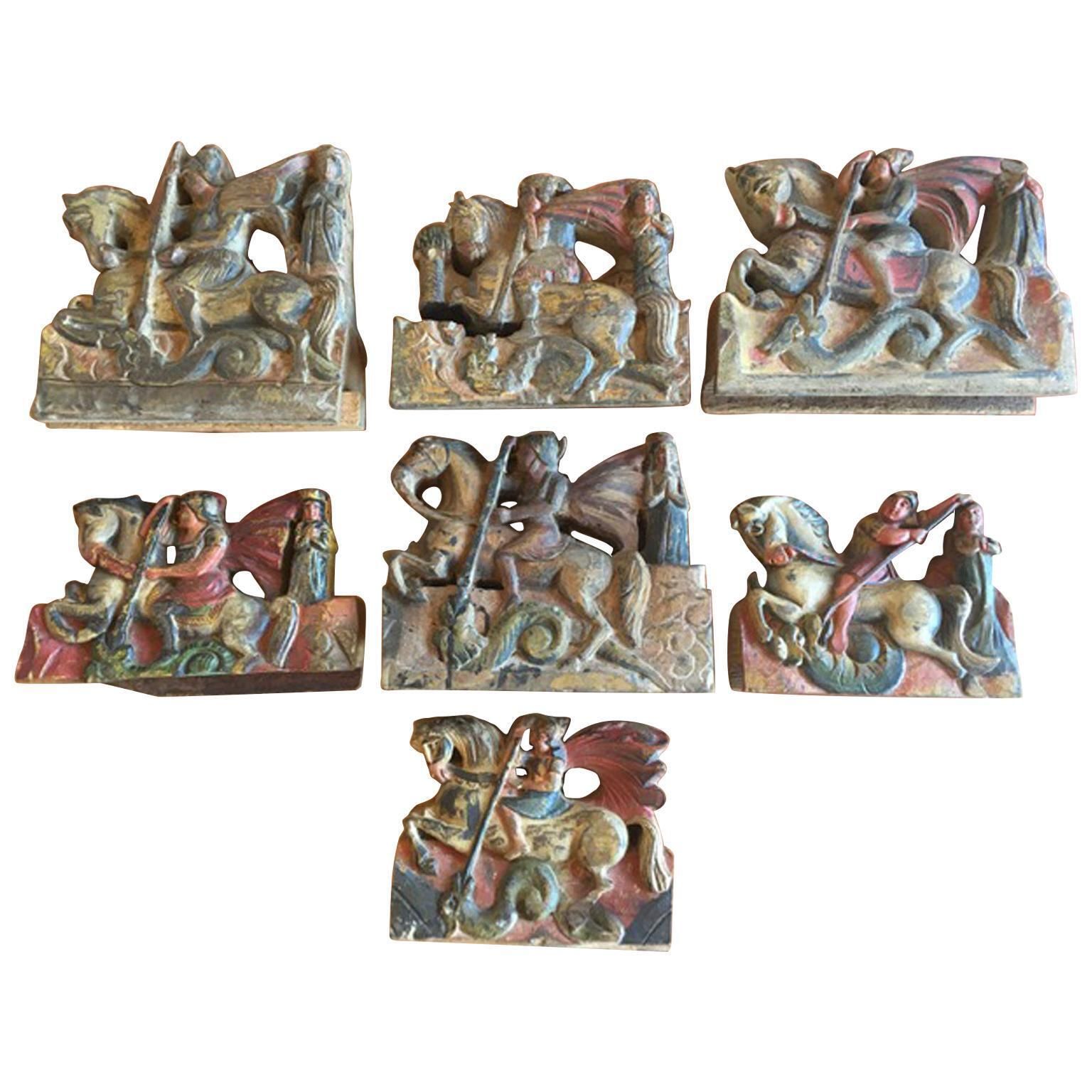 Italy Sicily Late 19th Century Set 7 Kitchen Wooden Tiles With Rural Scenes