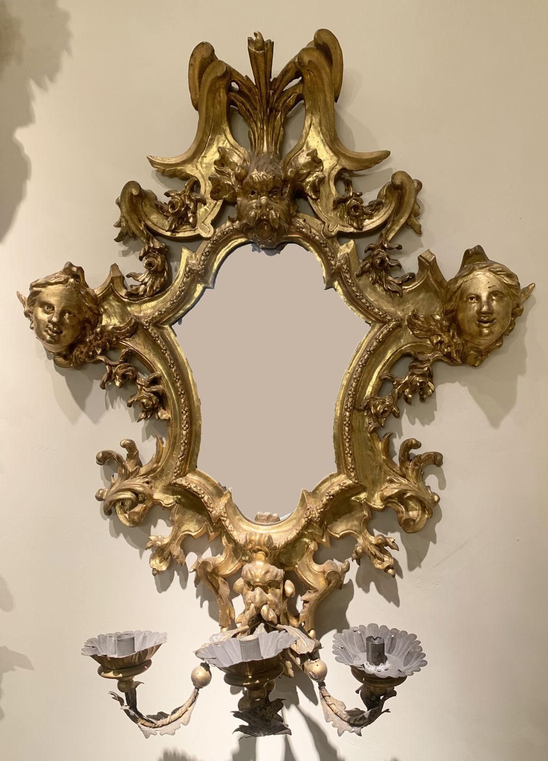Early 18th Century Italy Pair Of Engraved Gilded Wall Mirrors 3 Candles Holder photo furniture