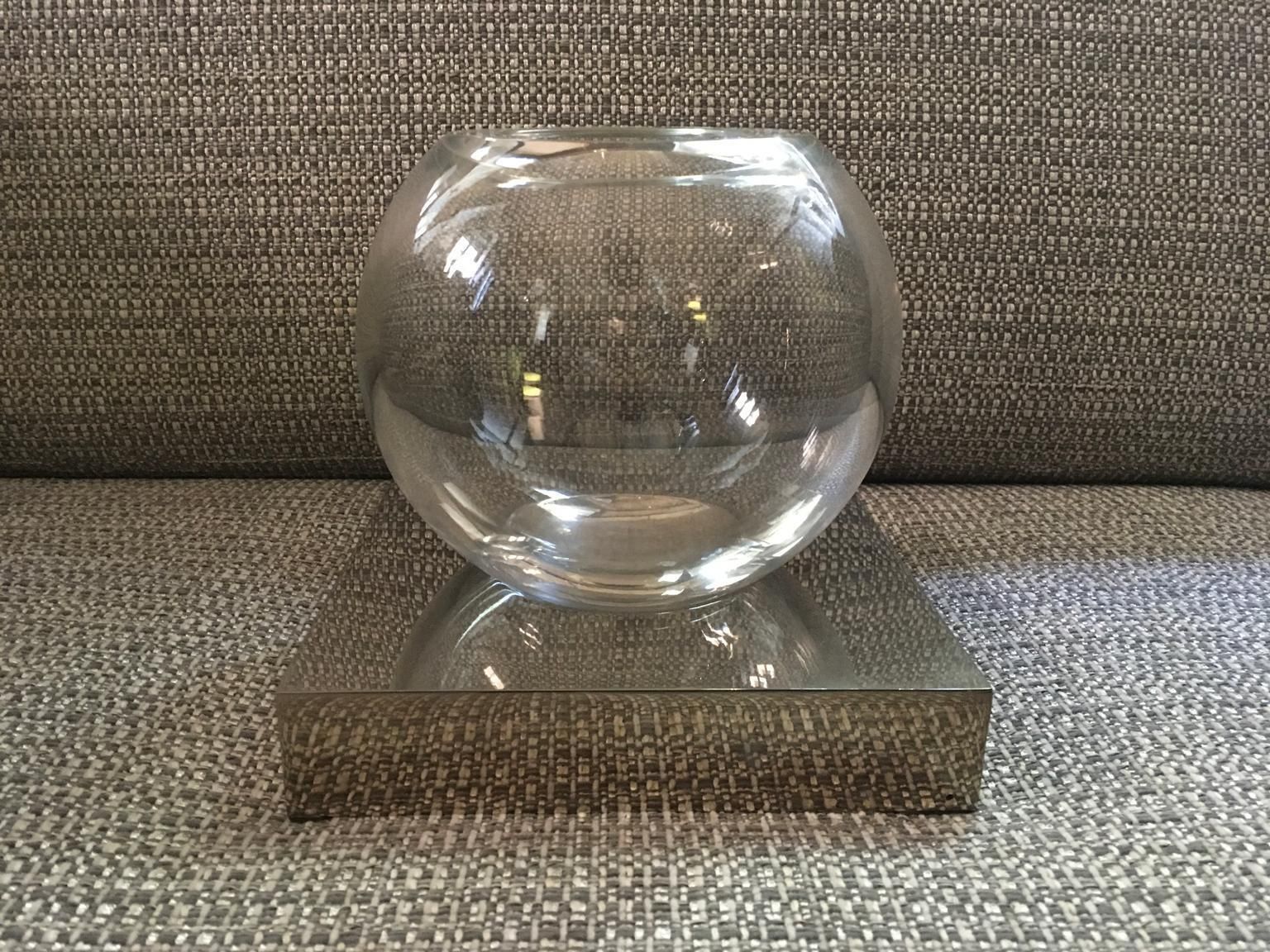 Italy Round Blown Clear Glass And Brass Vase In Chrome Finish photo buy