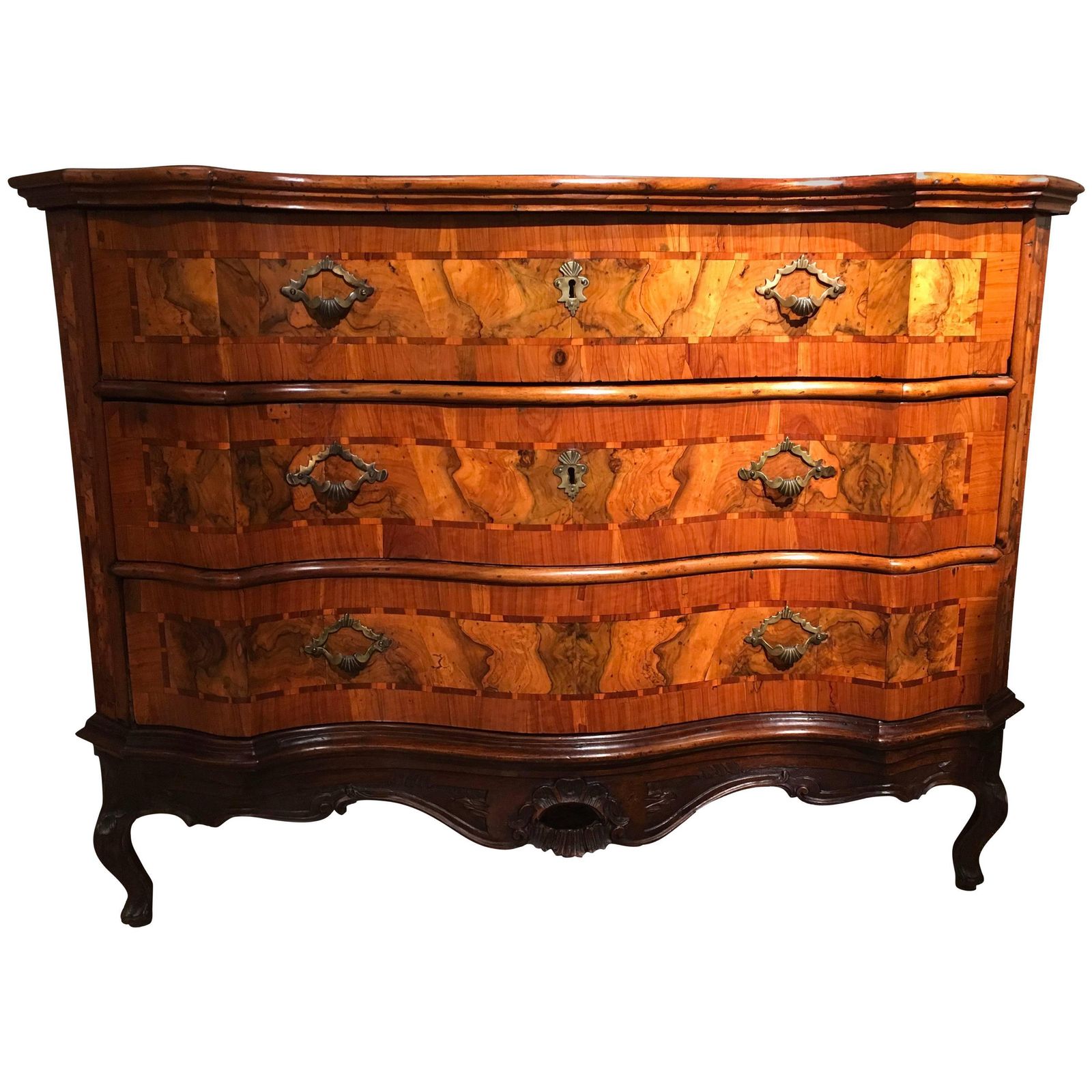 Italy Venezia 18th Century Baroque Olive And Briar Wood Chest Of Drawers