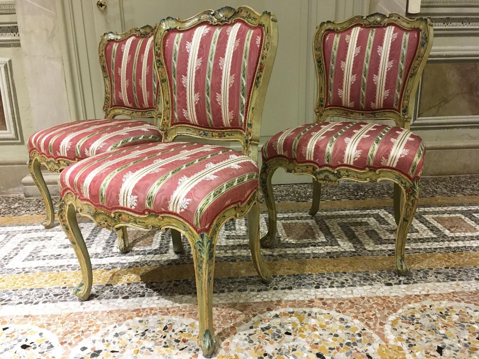 1750 Venezia Italy Set 3 Green Lacquered Wooden Engraved Chairs With Flowers photo vintage