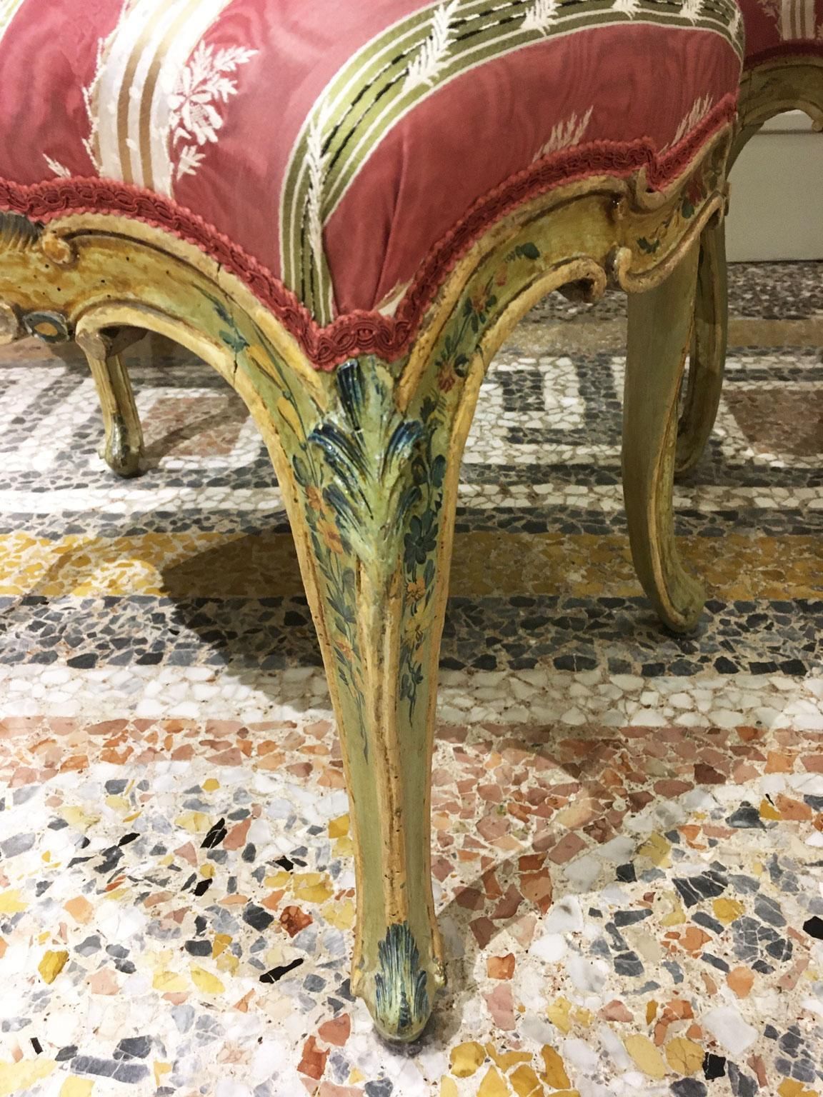 photo for sale 1750 Venezia Italy Set 3 Green Lacquered Wooden Engraved Chairs With Flowers