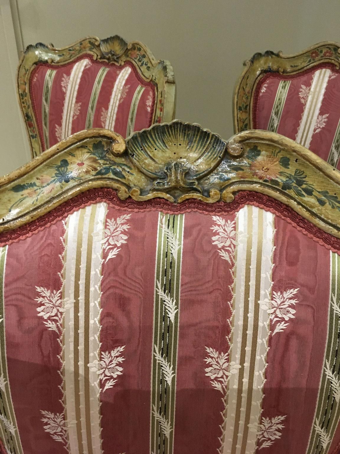 photo buy 1750 Venezia Italy Set 3 Green Lacquered Wooden Engraved Chairs With Flowers
