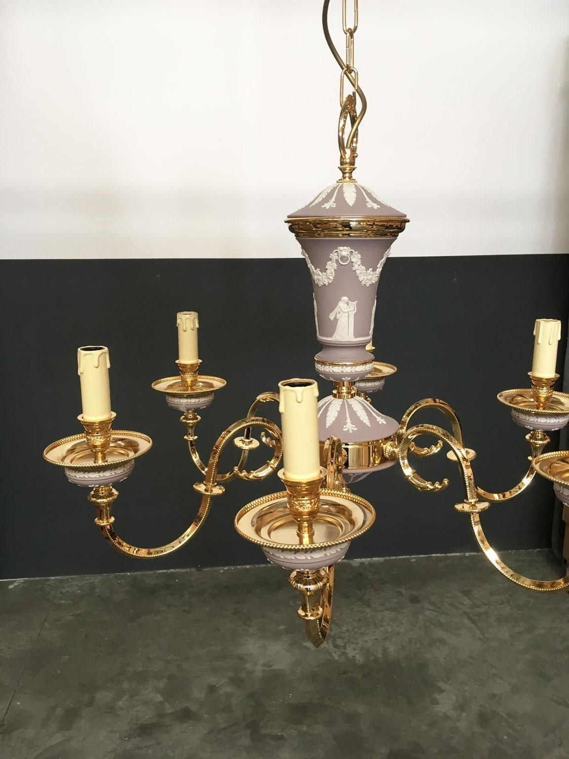 1970 Italy Lilac Brass And Porcelain Chandelier Hollywood Regency Style 6 Lights photo Lighting