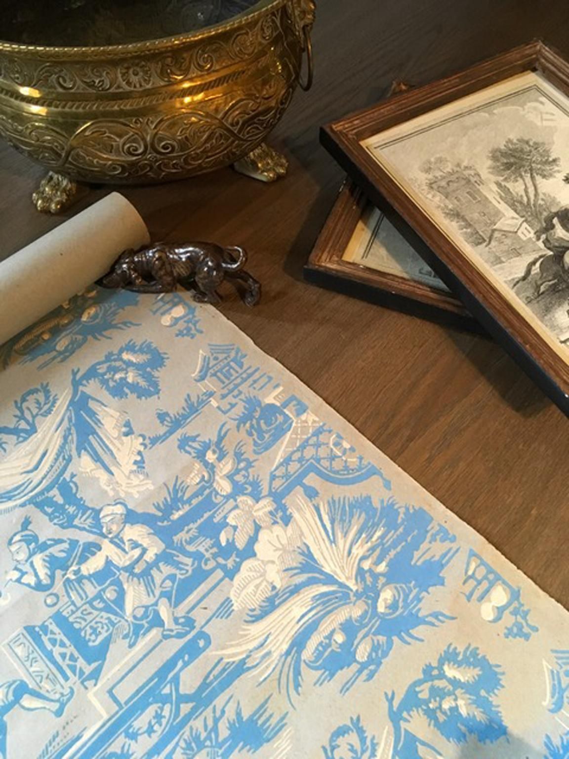 France 18th Century Wallpaper With Landscape Scenes In Turquoise Color photo vintage
