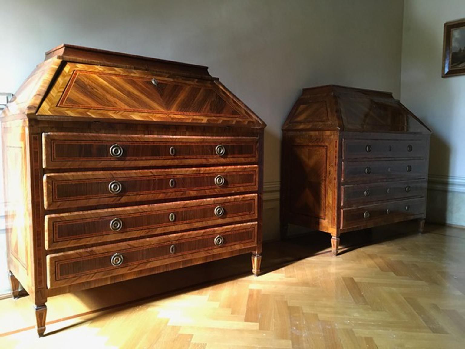 18th Century Pair Of Italian Inlaid Walnut Chests Of Drawers With Secretaire photo for sale