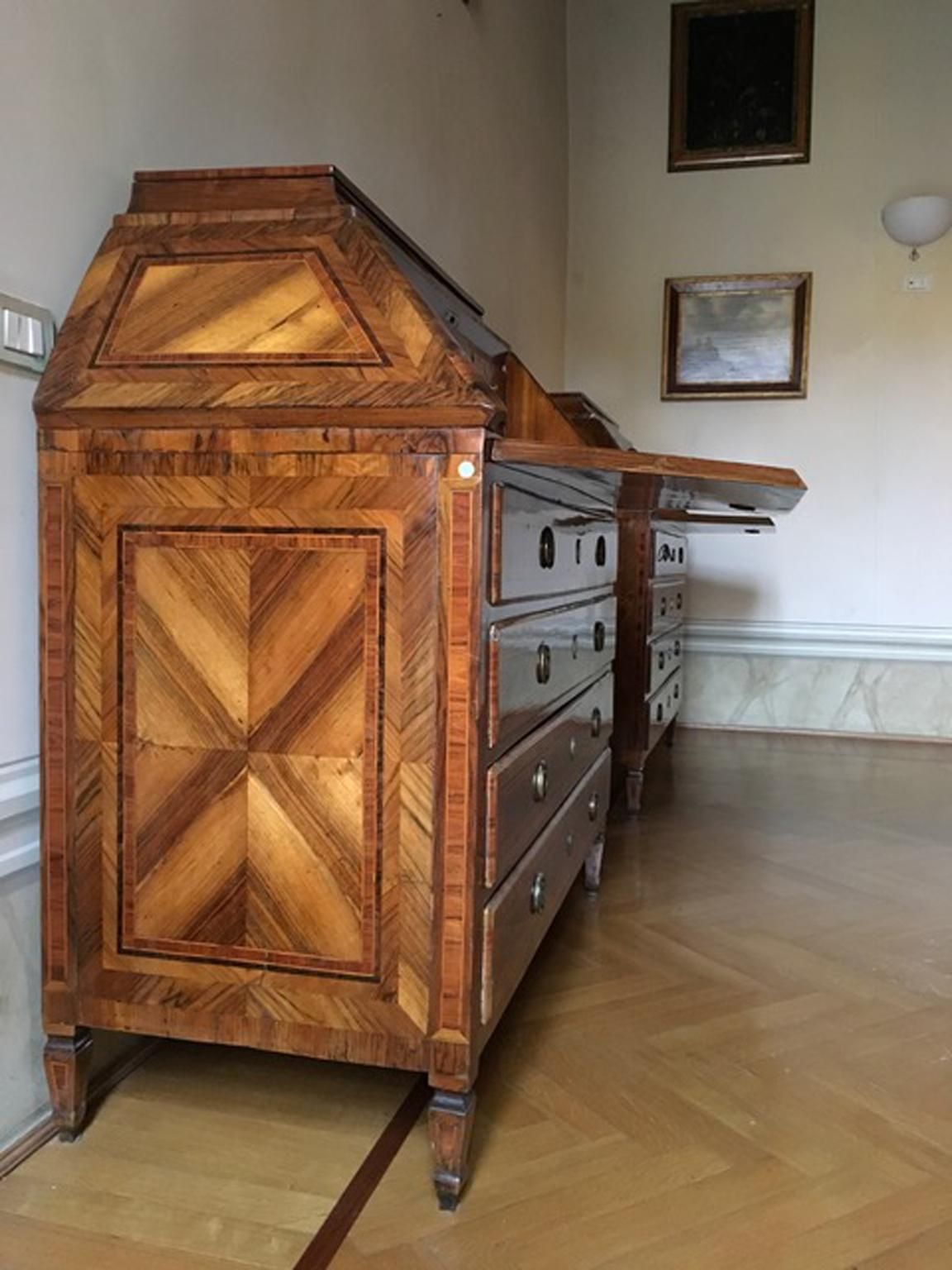 18th Century Pair Of Italian Inlaid Walnut Chests Of Drawers With Secretaire photo Furniture