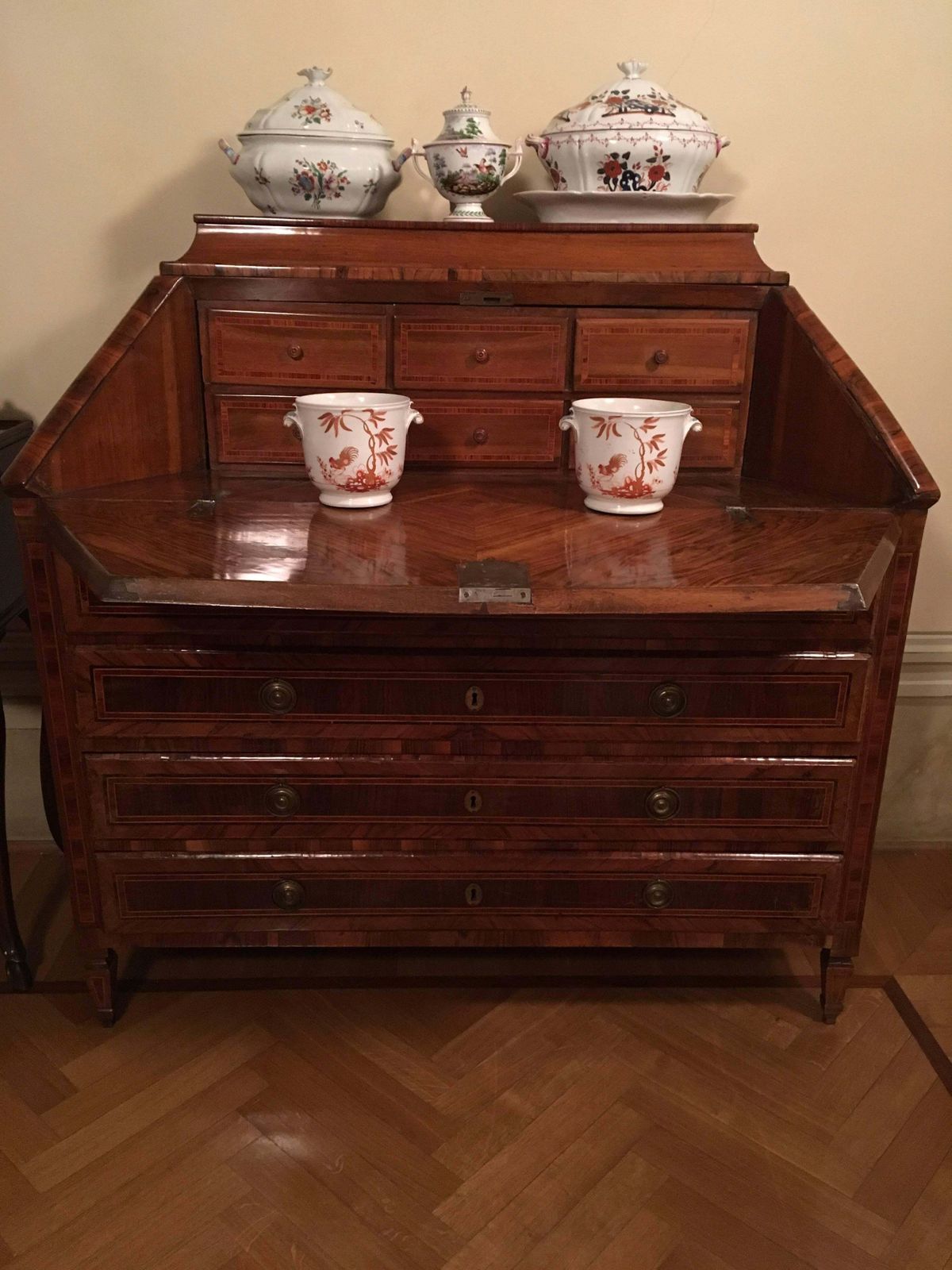 Furniture 18th Century Pair Of Italian Inlaid Walnut Chests Of Drawers With Secretaire photo