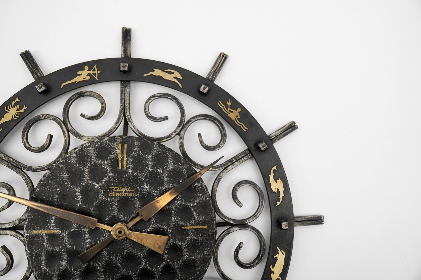 Mid Century Modern Iron And Brass Zodiac Wall Clock By Diehl Electric, 1960s photo vinterior