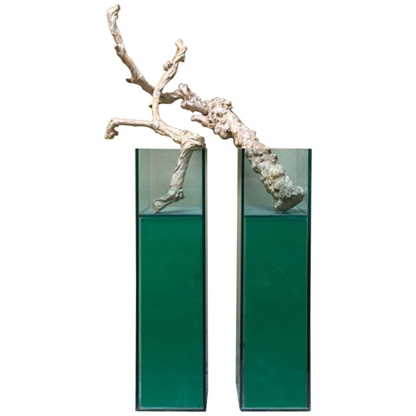 Italian Design Pair Of Green Lightened Clear Crystal Pedestal With Vases Inside