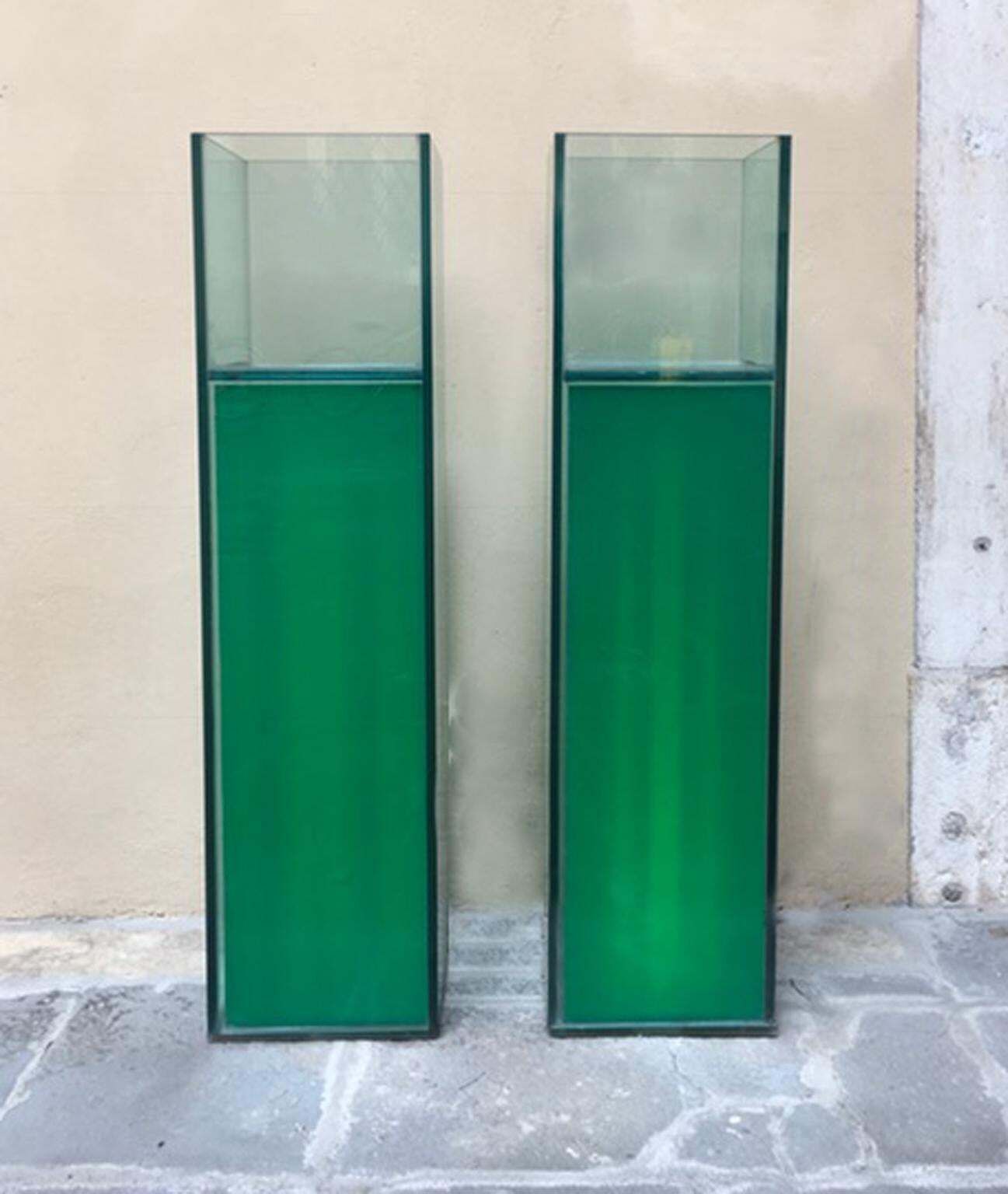 Italian Design Pair Of Green Lightened Clear Crystal Pedestal With Vases Inside photo for sale