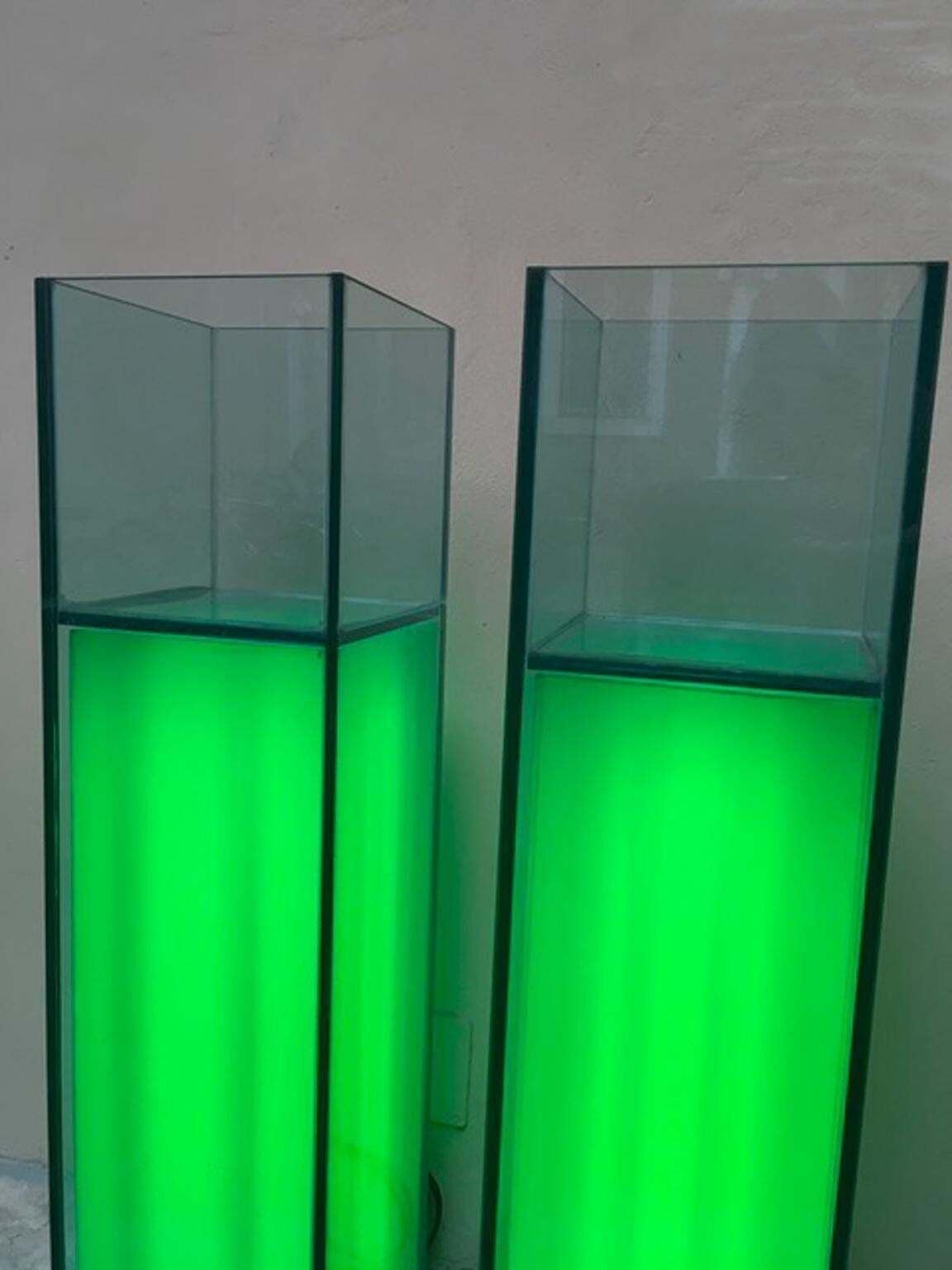 Italian Design Pair Of Green Lightened Clear Crystal Pedestal With Vases Inside photo 5524.0