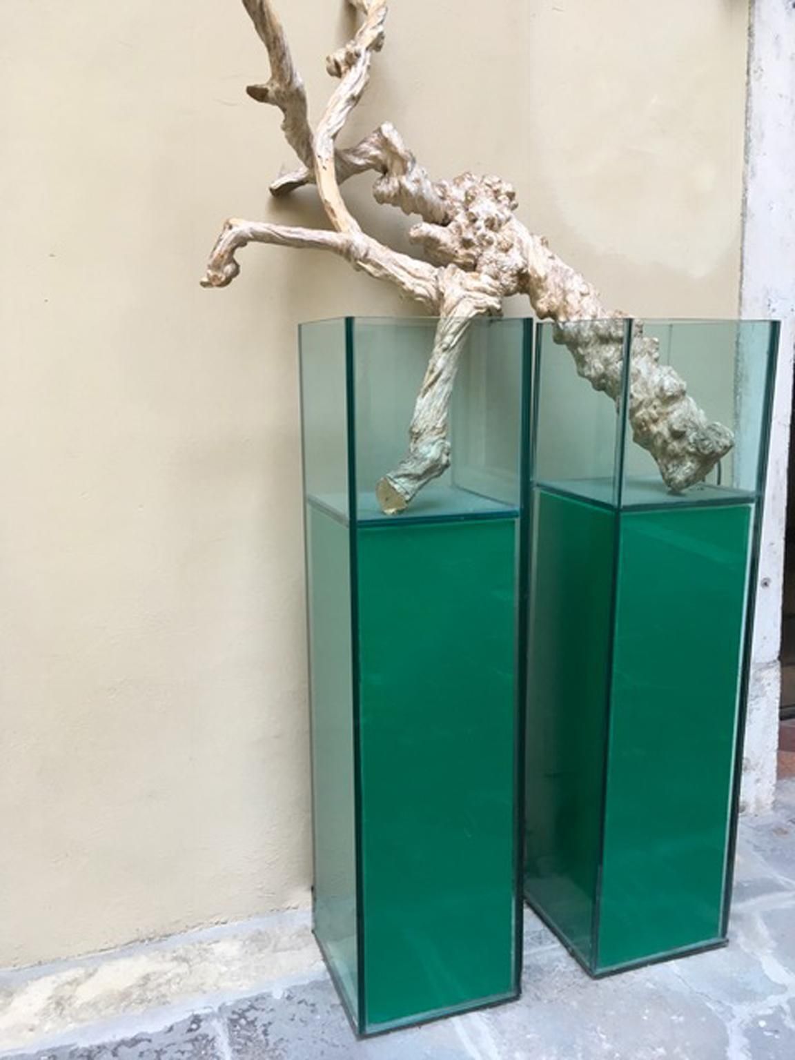Italian Design Pair Of Green Lightened Clear Crystal Pedestal With Vases Inside photo buy