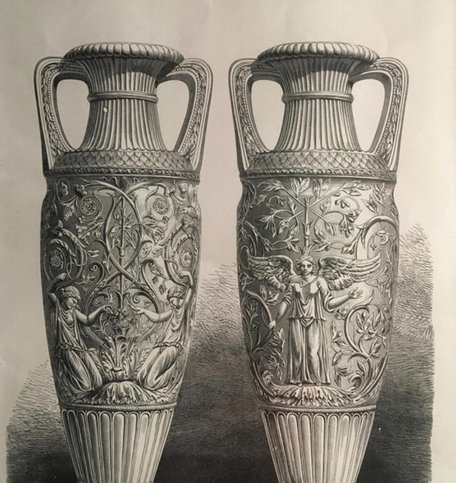 1850 France Antique Roman Marble Urnes Neoclassical Black And White Print photo Art
