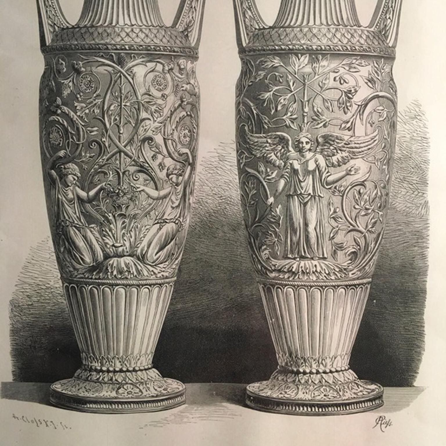 1850 France Antique Roman Marble Urnes Neoclassical Black And White Print photo 680.0