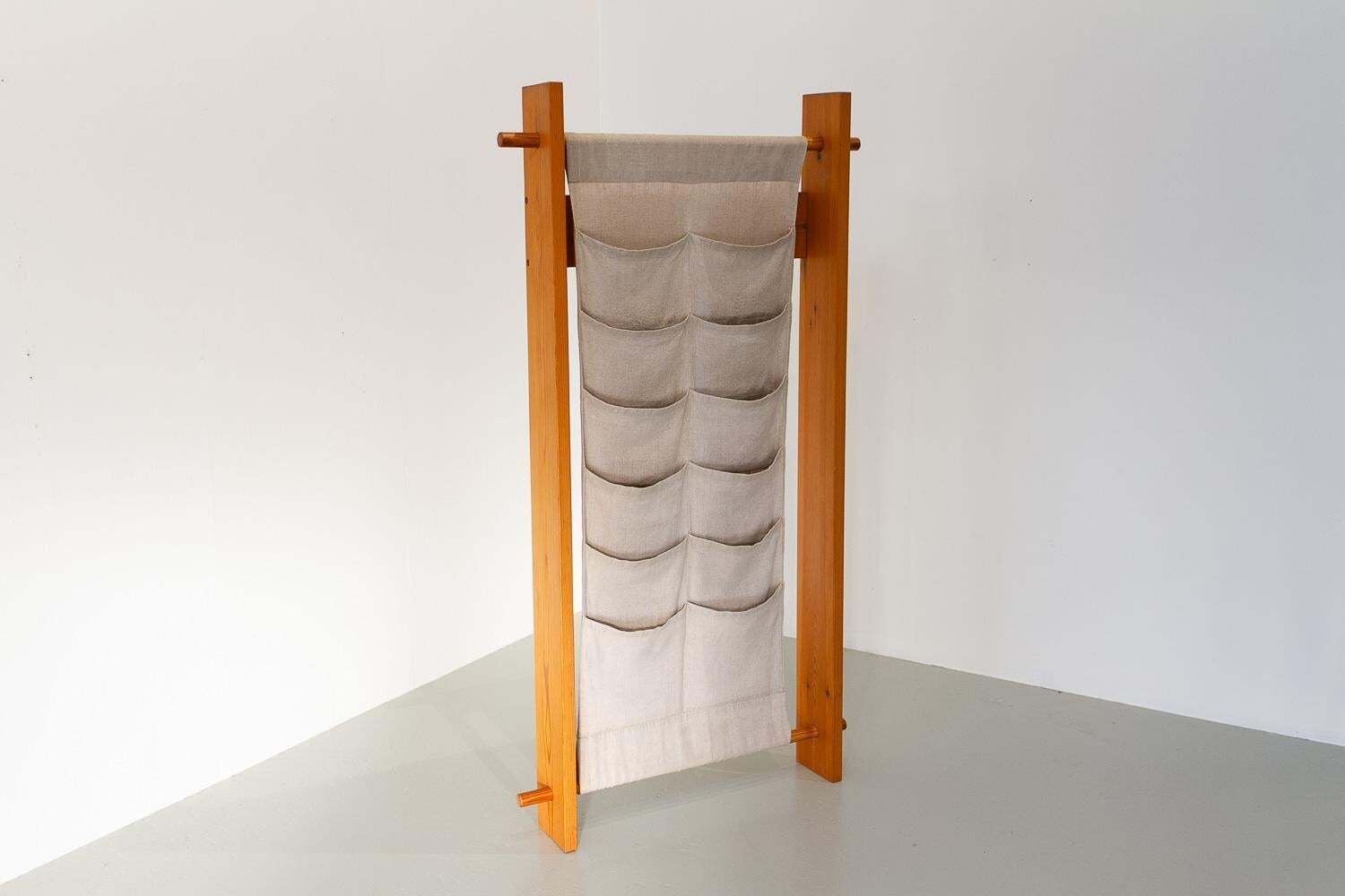 photo vinterior Scandinavian Modern Pine And Canvas Magazine Rack, 1970s.