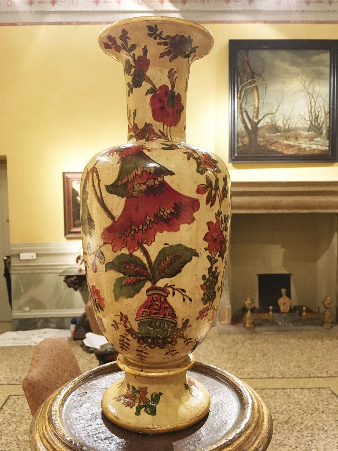 Italy Late 18th Century Pair Yellow Lacquered On Silk Wooden Vases With Flowers photo vinterior