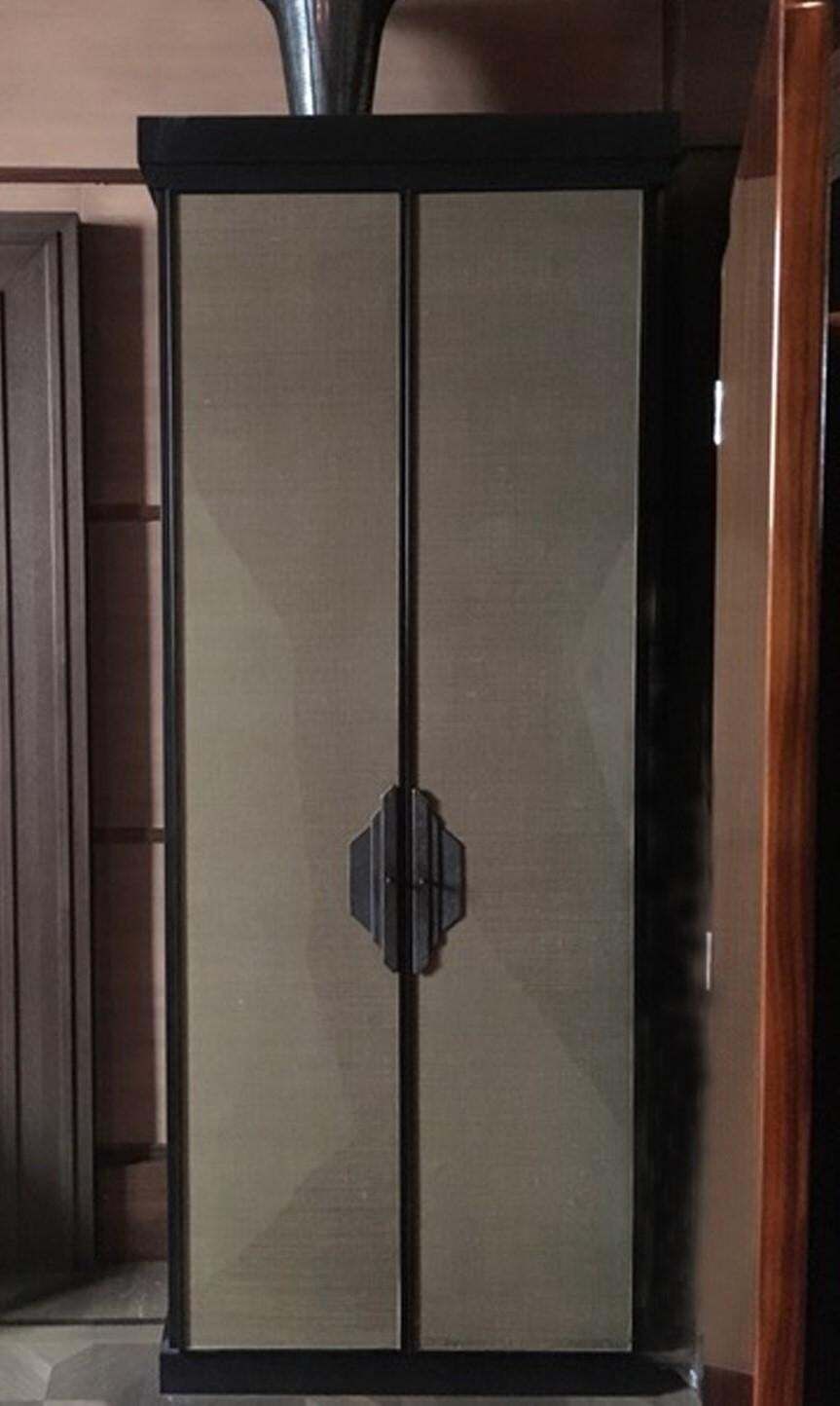 Italy Pair Of Post Modern Brown Oak Cabinet With Rafia Panels And Bronze Handles photo vintage