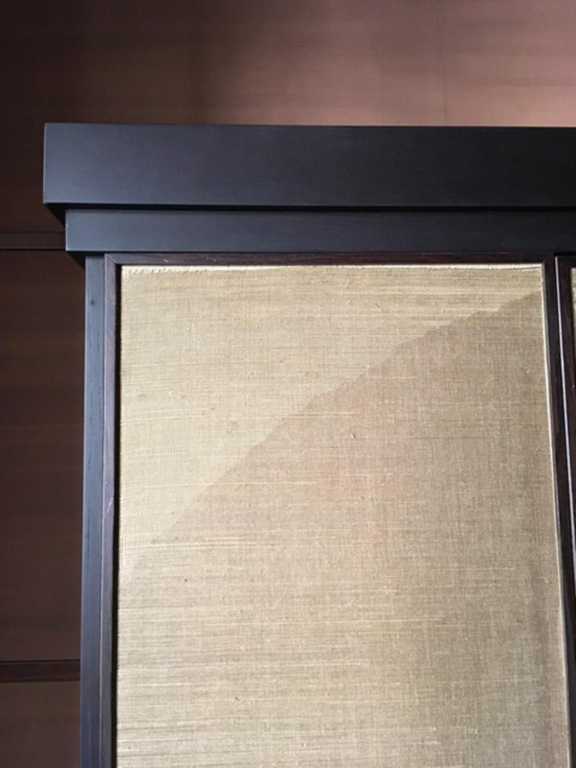 photo for sale Italy Pair Of Post Modern Brown Oak Cabinet With Rafia Panels And Bronze Handles