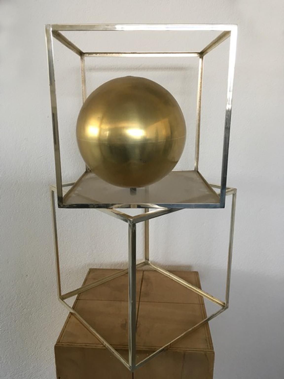 Italy 1980 Abstract Sculpture Sphere In Brass Natural Wood And Metal Chrome photo vintage