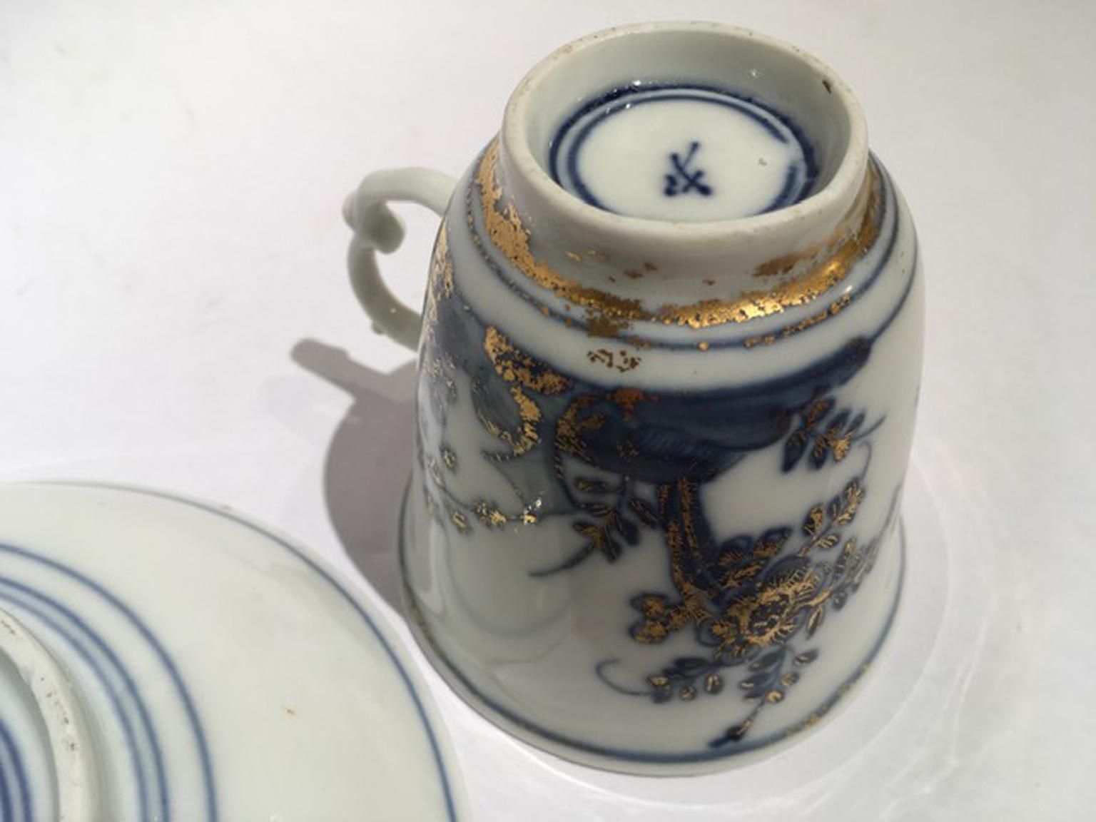 1275.0 Meissen Mid 18th Century Porcelain Cup With Dish White Blue And Gold photo