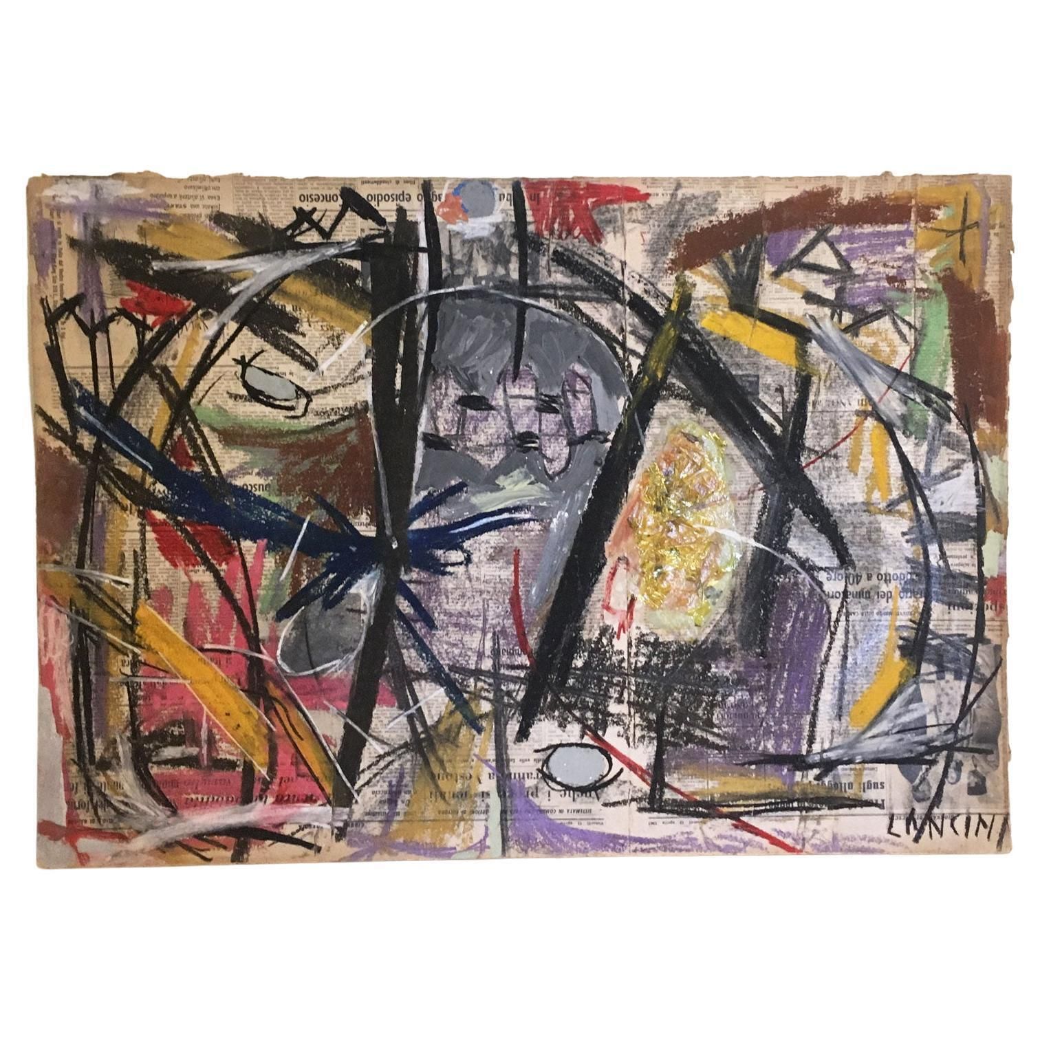 1962 Italy Abstract Pastel Painting And Paper Collage By Ermete Lancini