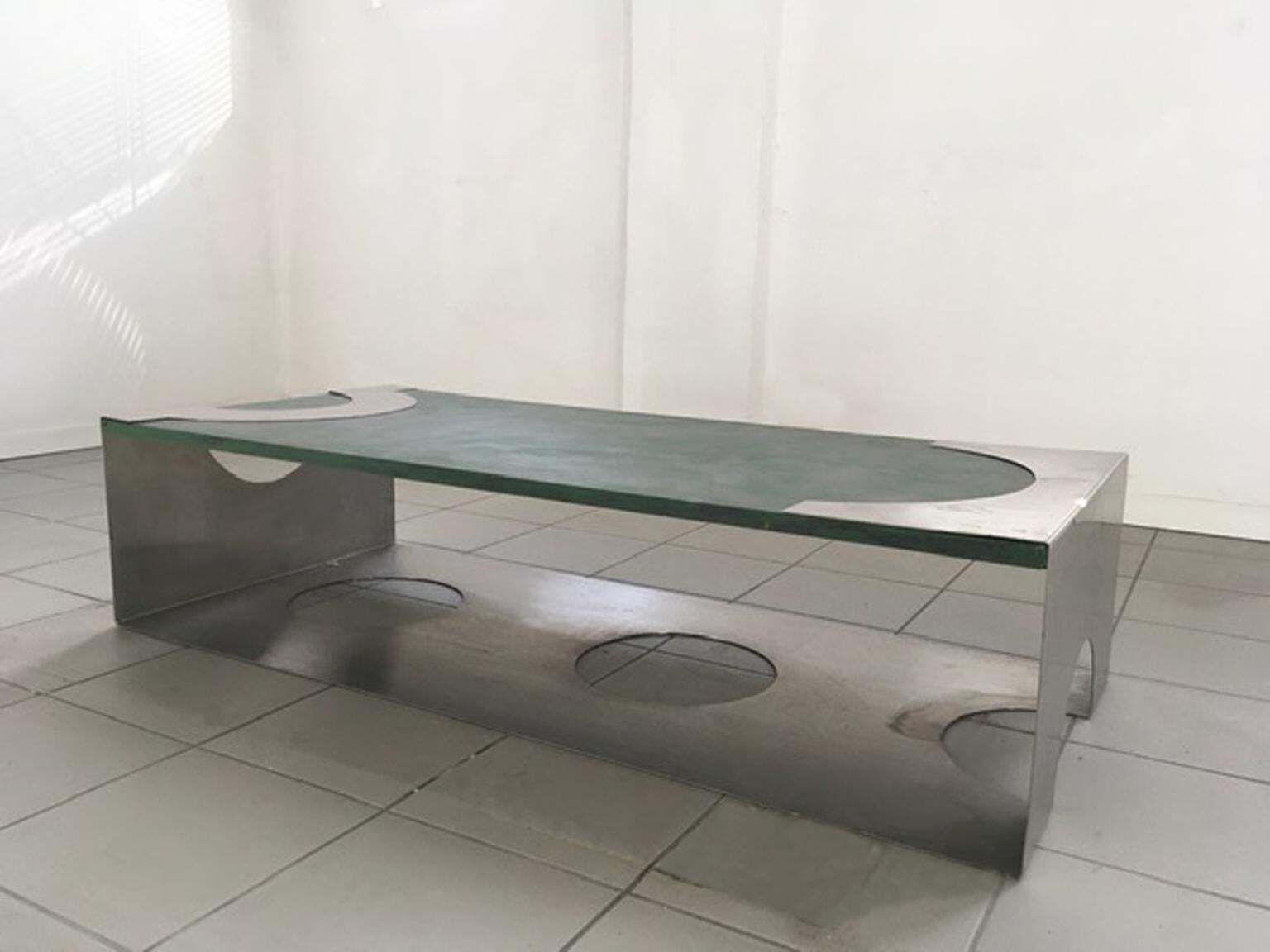 1970 Post Modern Green Patinated Wood And Stainless Steel Coffee Table photo buy