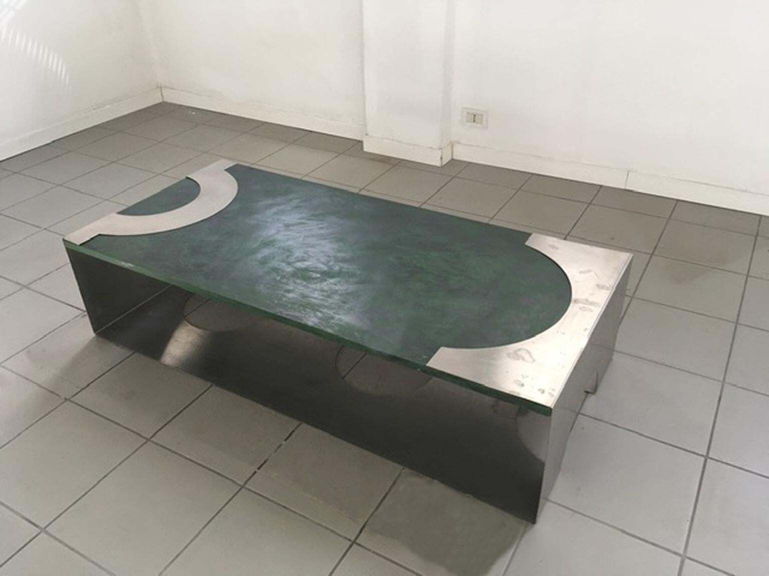 photo for sale 1970 Post Modern Green Patinated Wood And Stainless Steel Coffee Table