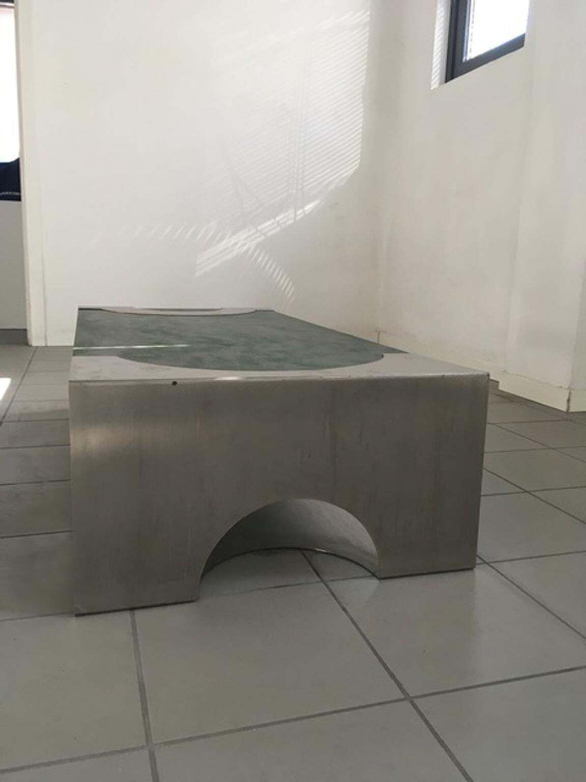 8074.0 1970 Post Modern Green Patinated Wood And Stainless Steel Coffee Table photo