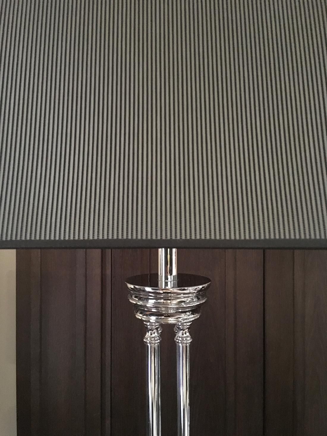 Pair Columned Table Lamps Chrome Finish With Silk Black White Lampshades photo for sale