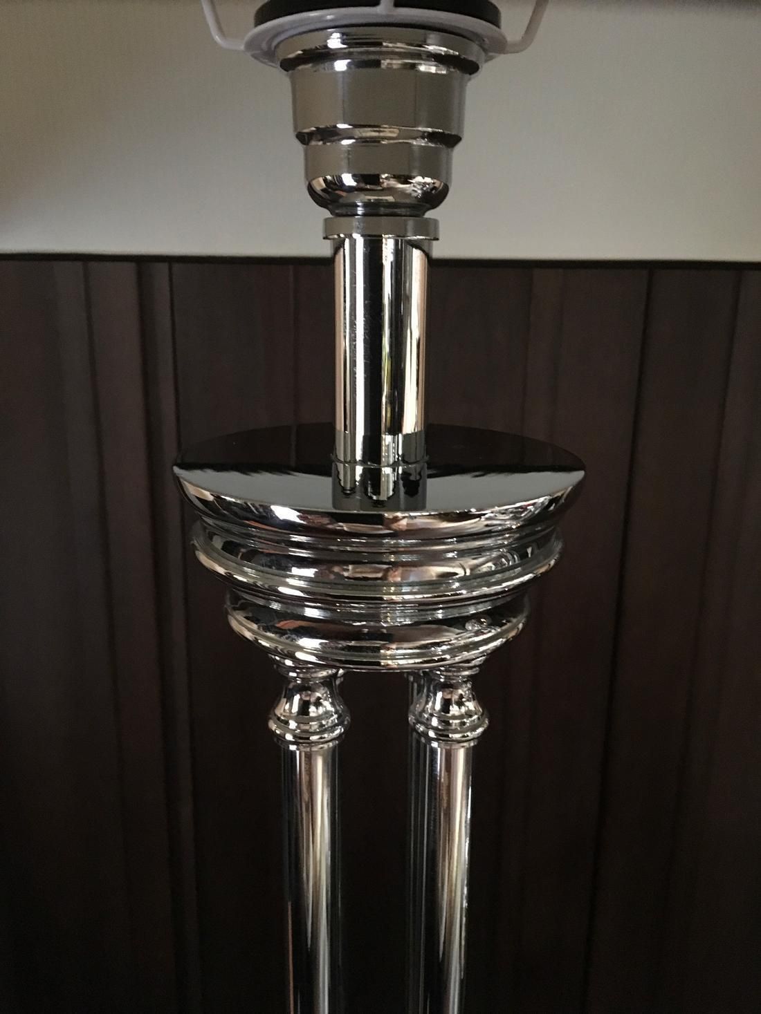 Pair Columned Table Lamps Chrome Finish With Silk Black White Lampshades photo 1020.0