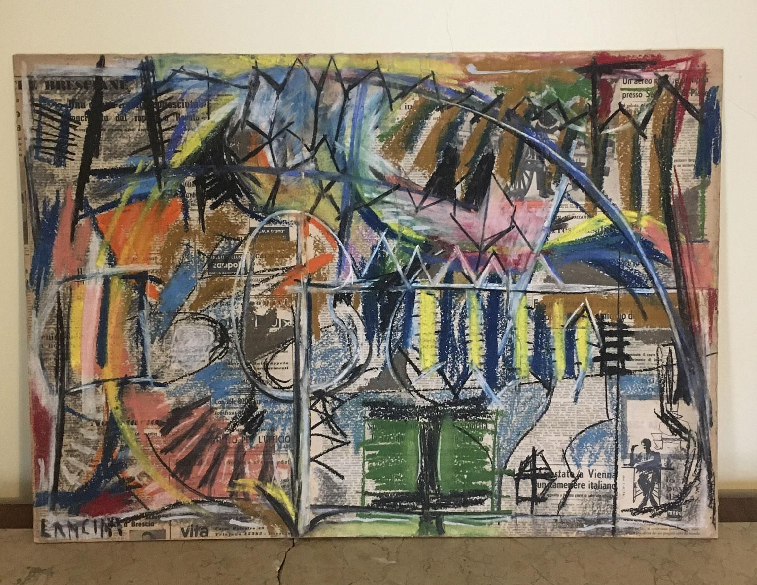 1962 Italy Abstract Painting And Paper Collage By Ermete Lancini photo for sale