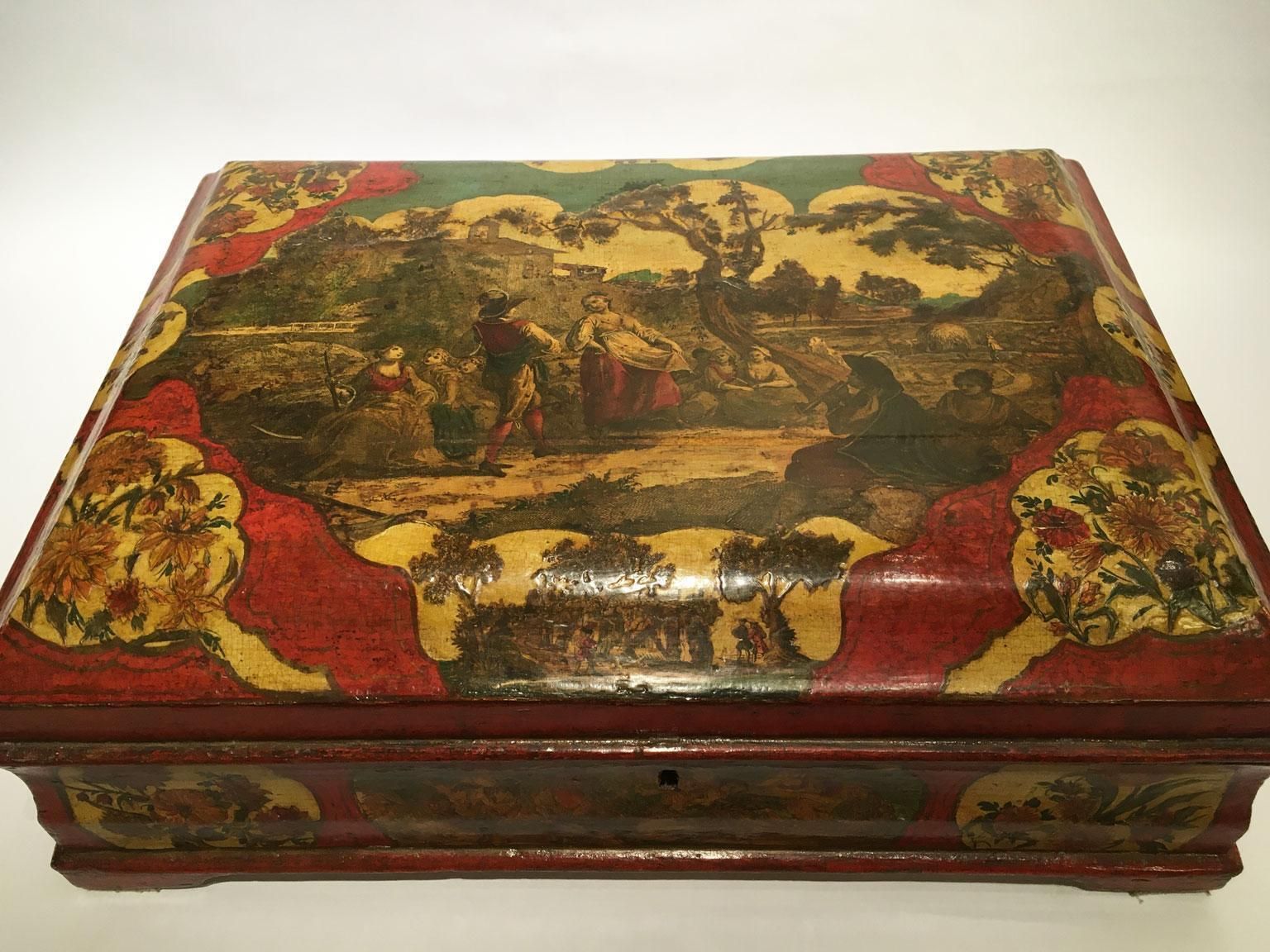 1750 Venezia Italy Lacquered Red And Yellow Wooden Box Jewelry Case photo vinterior