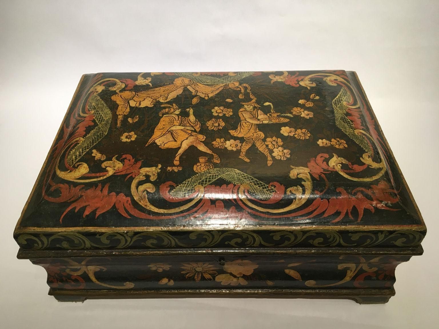 1750 Venezia Italy Lacquered Dark Blue Wooden Box With Golden Decoration photo Home Decor
