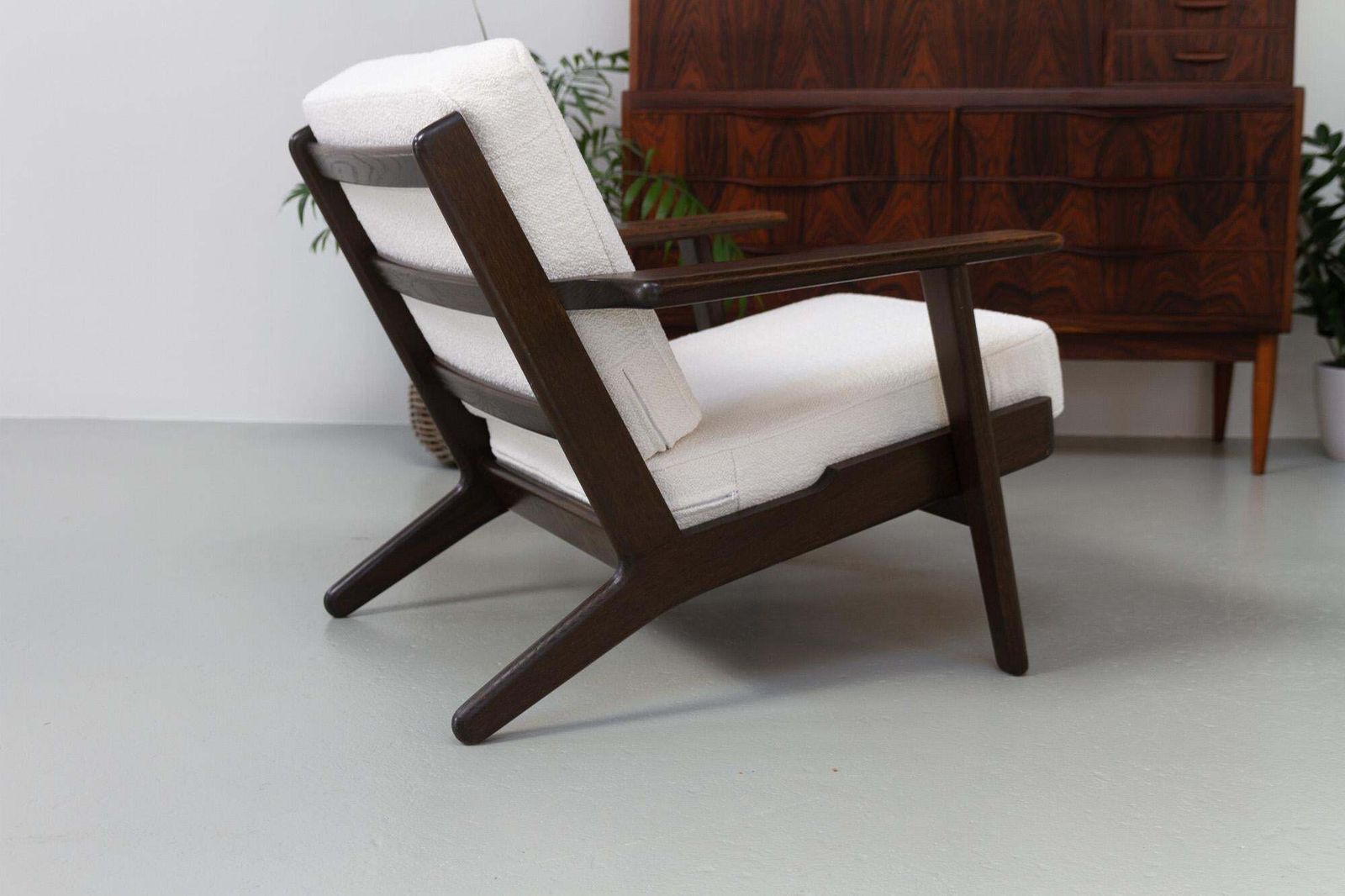 Furniture Vintage Danish Oak And Bouclé Lounge Chair Ge290 By Hans J. Wegner, 1960s photo