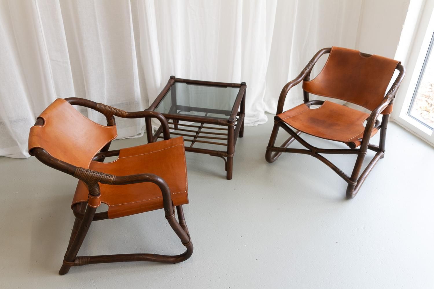 Danish Modern Bamboo And Leather Lounge Chairs & Table By Horsnæs, 1960s. photo Furniture