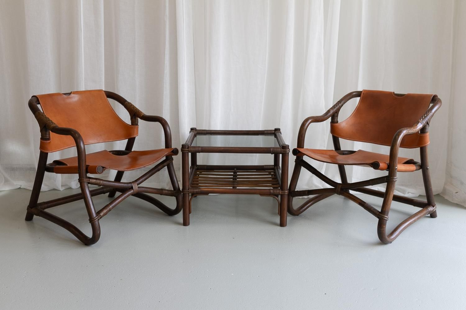 Danish Modern Bamboo And Leather Lounge Chairs & Table By Horsnæs, 1960s. photo vinterior