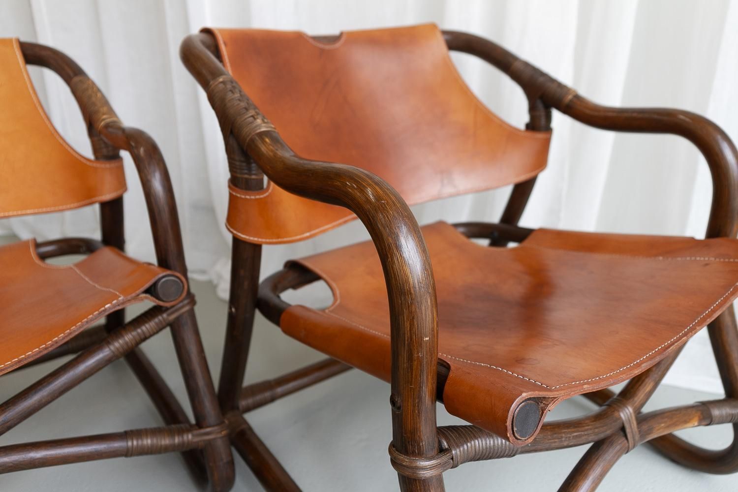 Furniture Danish Modern Bamboo And Leather Lounge Chairs & Table By Horsnæs, 1960s. photo