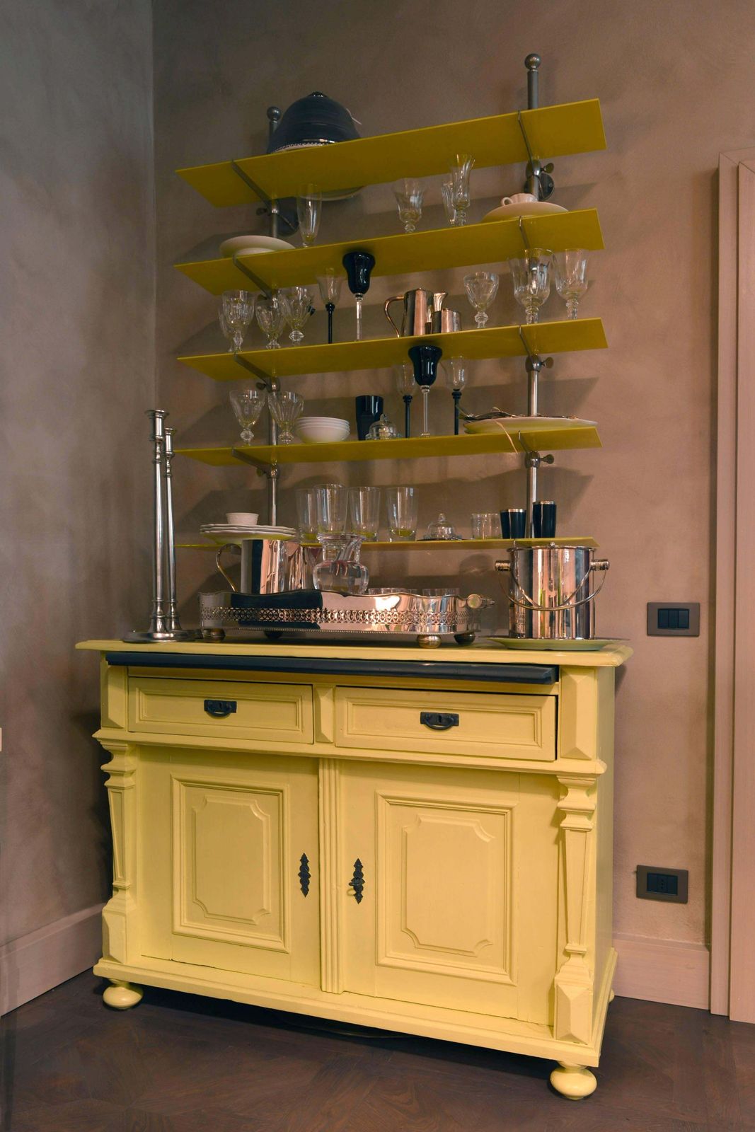 Italy Mid 19th Century Yellow Wood Buffet With Yellow Glass Shelves photo furniture