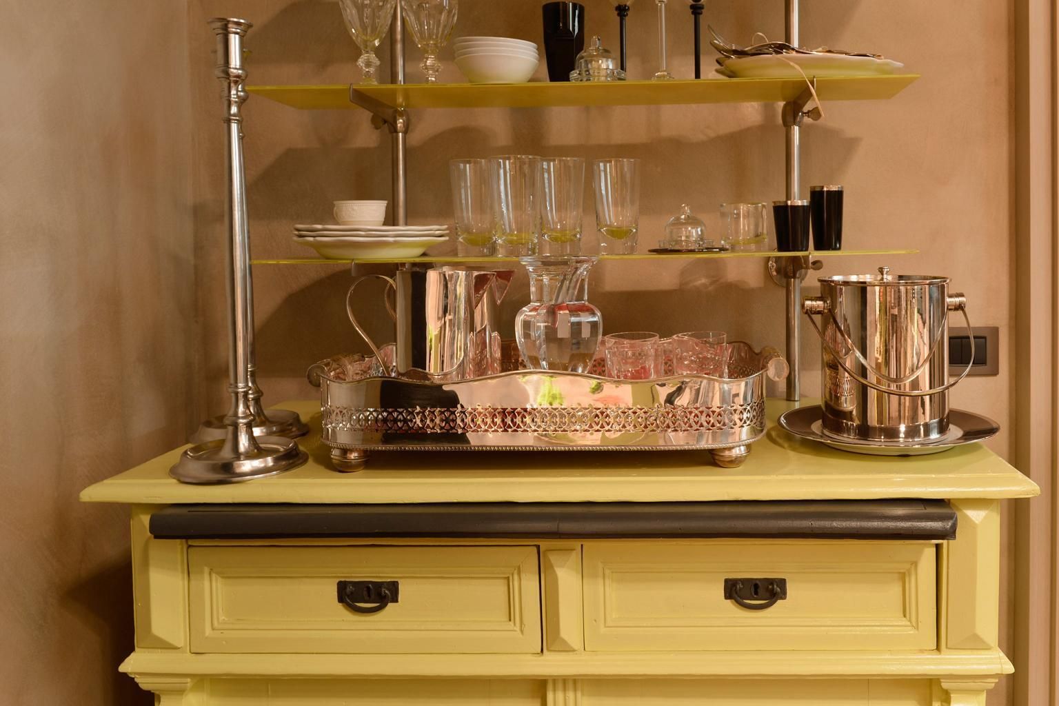 Italy Mid 19th Century Yellow Wood Buffet With Yellow Glass Shelves photo for sale