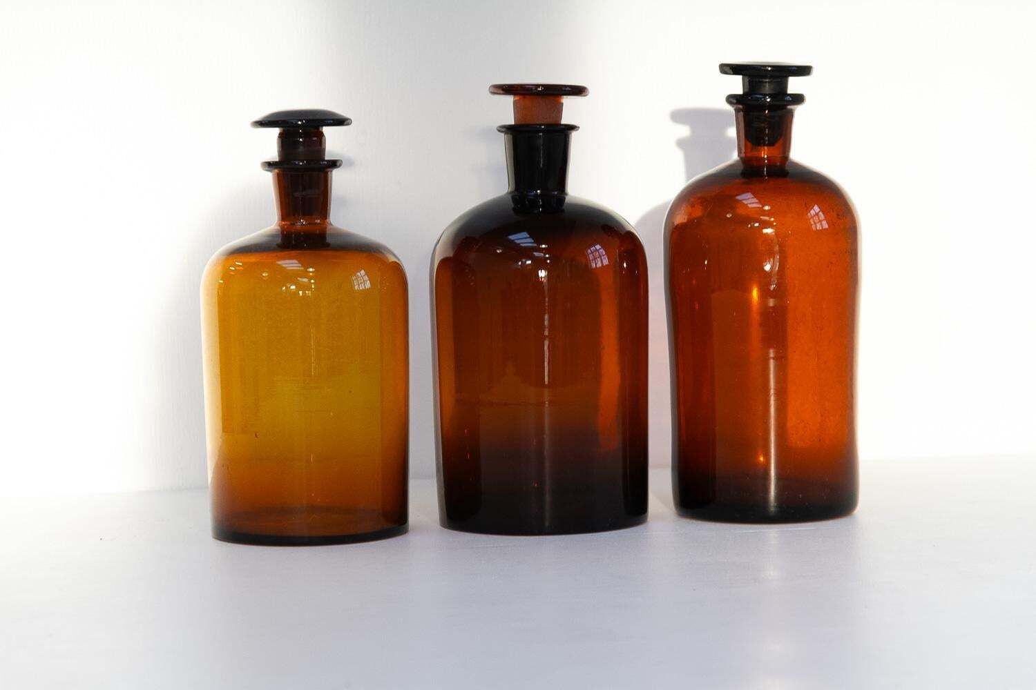 Large Antique Danish Pharmacy Glass Bottles, 1900s. Set Of 3. photo for sale